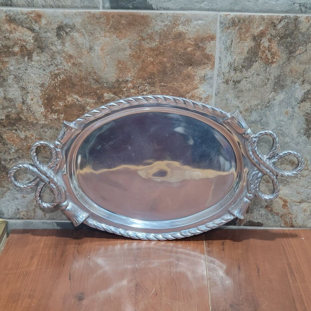 Vintage Aluminum Footed Serving Platter Tray Large Heavy